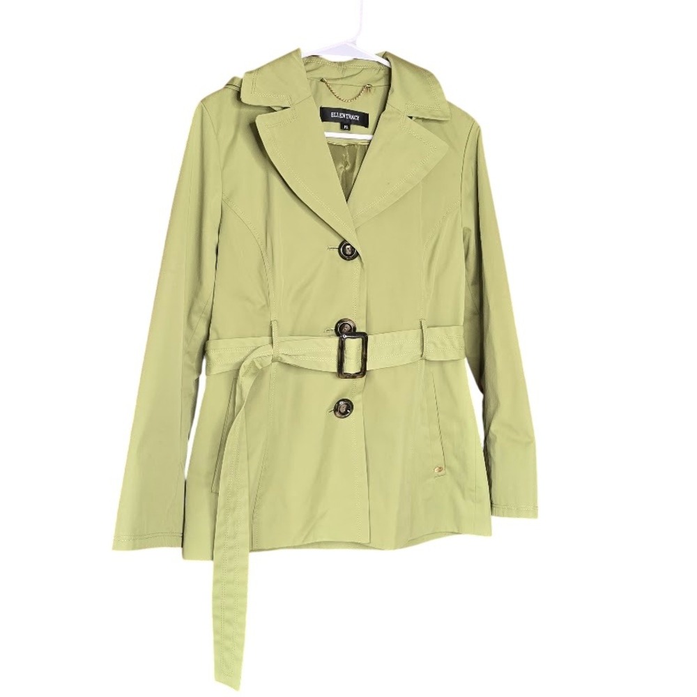 Ellen Tracy Green Fern Belted Trench Jacket Hooded Womens PS‎ Petite Spring Coat